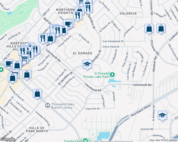 map of restaurants, bars, coffee shops, grocery stores, and more near 12634 El Sendero Street in San Antonio
