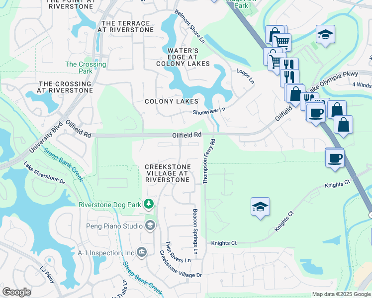 map of restaurants, bars, coffee shops, grocery stores, and more near 3939 May Ridge Lane in Sugar Land
