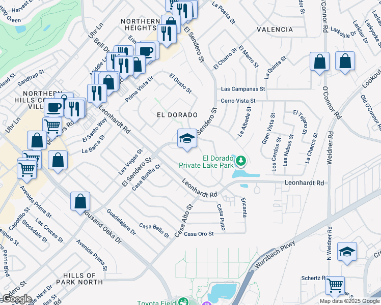 map of restaurants, bars, coffee shops, grocery stores, and more near 12631 El Sendero Street in San Antonio