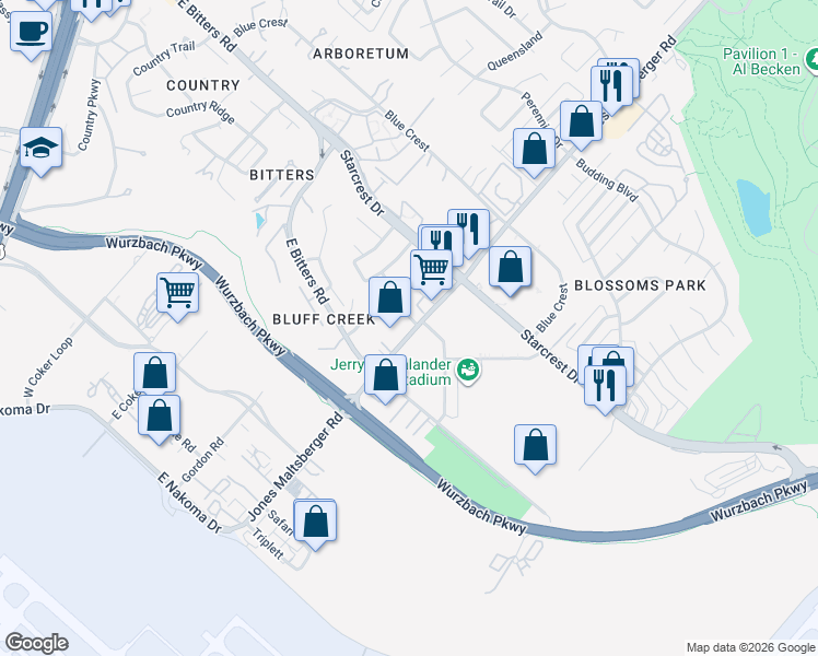 map of restaurants, bars, coffee shops, grocery stores, and more near 1608 Wycombe Street in San Antonio