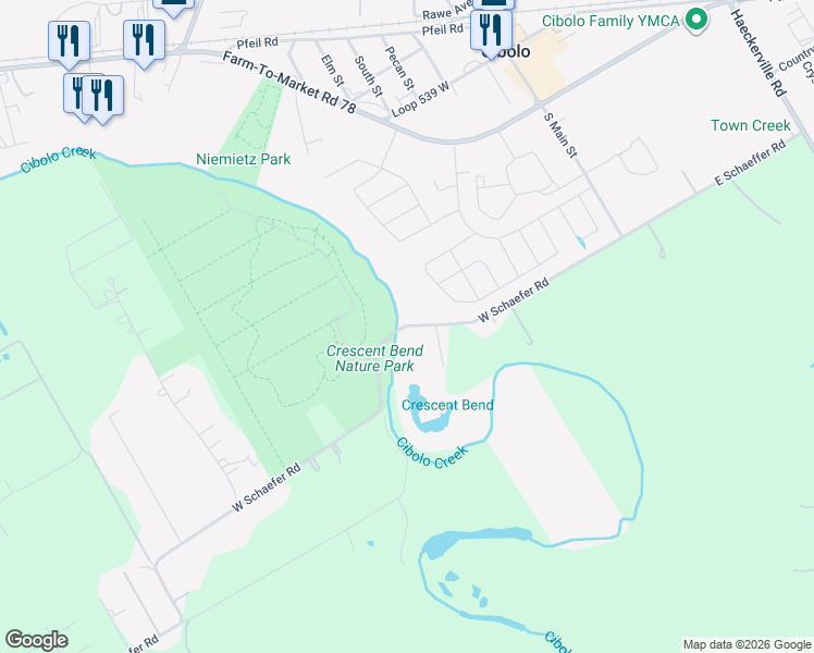 map of restaurants, bars, coffee shops, grocery stores, and more near 226 West Schaefer Road in Cibolo
