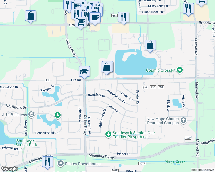 map of restaurants, bars, coffee shops, grocery stores, and more near 2503 Chestnut Circle in Pearland