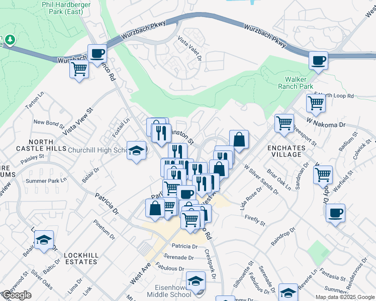 map of restaurants, bars, coffee shops, grocery stores, and more near 20 Sir Winston Street in San Antonio