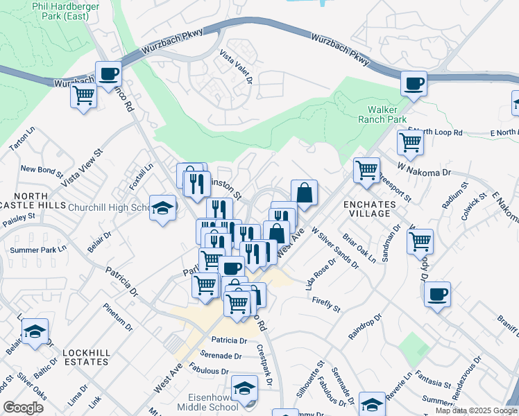 map of restaurants, bars, coffee shops, grocery stores, and more near 2 West Silver Sands Drive in San Antonio