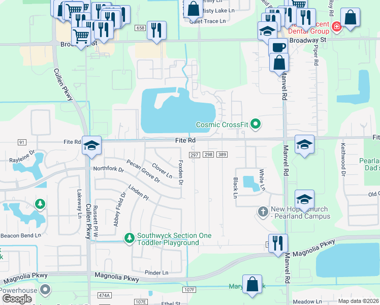 map of restaurants, bars, coffee shops, grocery stores, and more near 2511 Ash Road in Pearland