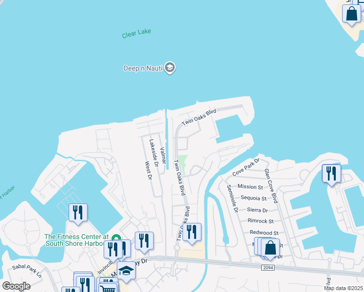 map of restaurants, bars, coffee shops, grocery stores, and more near 209 Las Brisas Street in Kemah