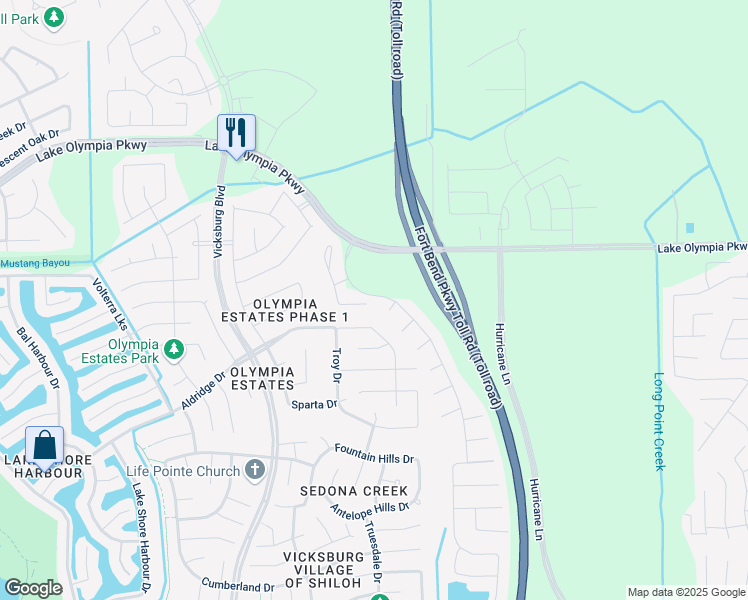 map of restaurants, bars, coffee shops, grocery stores, and more near 2566 Shelly Lang Court in Missouri City