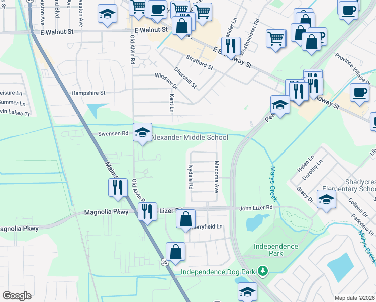 map of restaurants, bars, coffee shops, grocery stores, and more near 3213 Layton Place Drive in Pearland