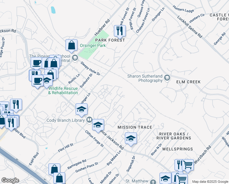 map of restaurants, bars, coffee shops, grocery stores, and more near 11711 Wall Street in San Antonio