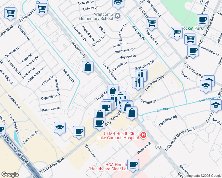 map of restaurants, bars, coffee shops, grocery stores, and more near 16562 Highway 3 in Houston