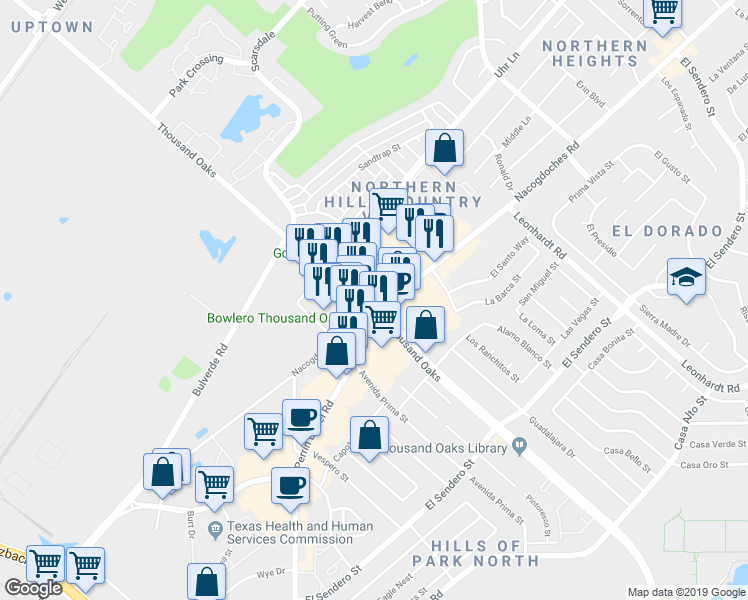 map of restaurants, bars, coffee shops, grocery stores, and more near 4351 Thousand Oaks in San Antonio