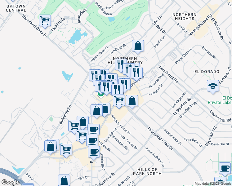 map of restaurants, bars, coffee shops, grocery stores, and more near 4351 Thousand Oaks in San Antonio