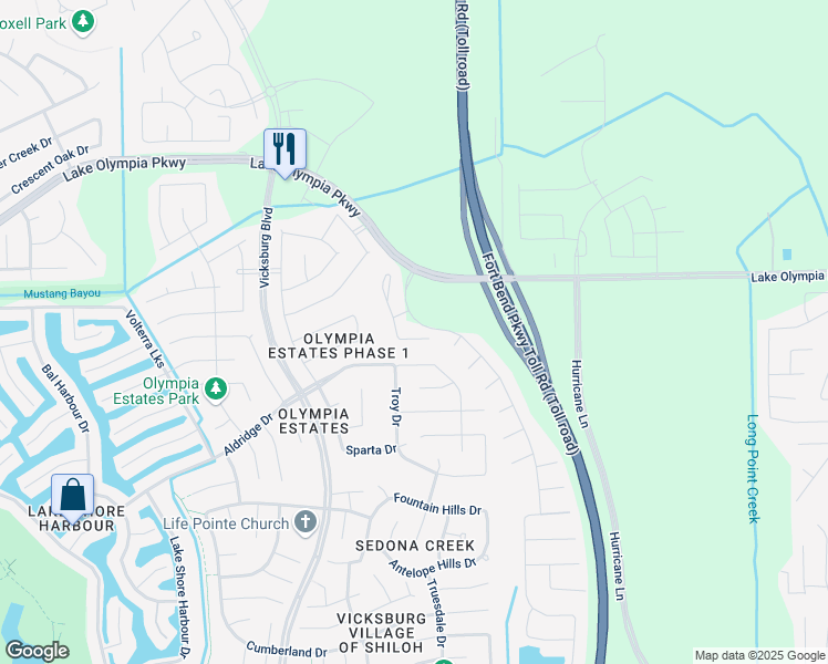 map of restaurants, bars, coffee shops, grocery stores, and more near 2566 Shelly Lang Court in Missouri City