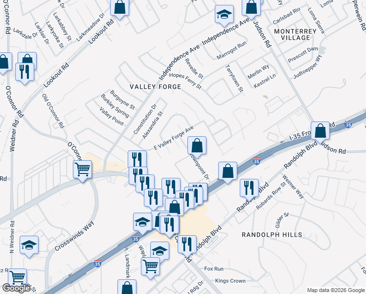 map of restaurants, bars, coffee shops, grocery stores, and more near 12207 Valley Forge Circle in San Antonio