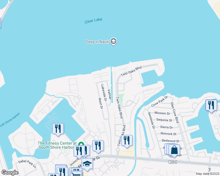 map of restaurants, bars, coffee shops, grocery stores, and more near 303 Valmar in Kemah