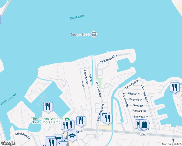 map of restaurants, bars, coffee shops, grocery stores, and more near 303 Valmar in Kemah