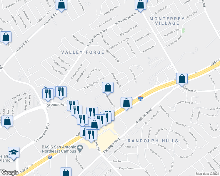 map of restaurants, bars, coffee shops, grocery stores, and more near 12100 Crownpoint Drive in San Antonio