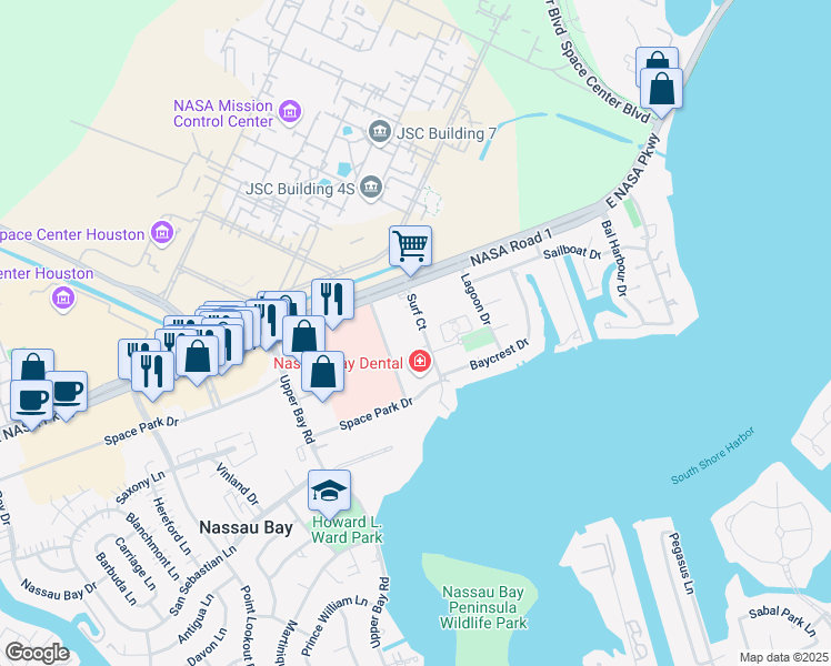 map of restaurants, bars, coffee shops, grocery stores, and more near 120 Surf Court in Houston