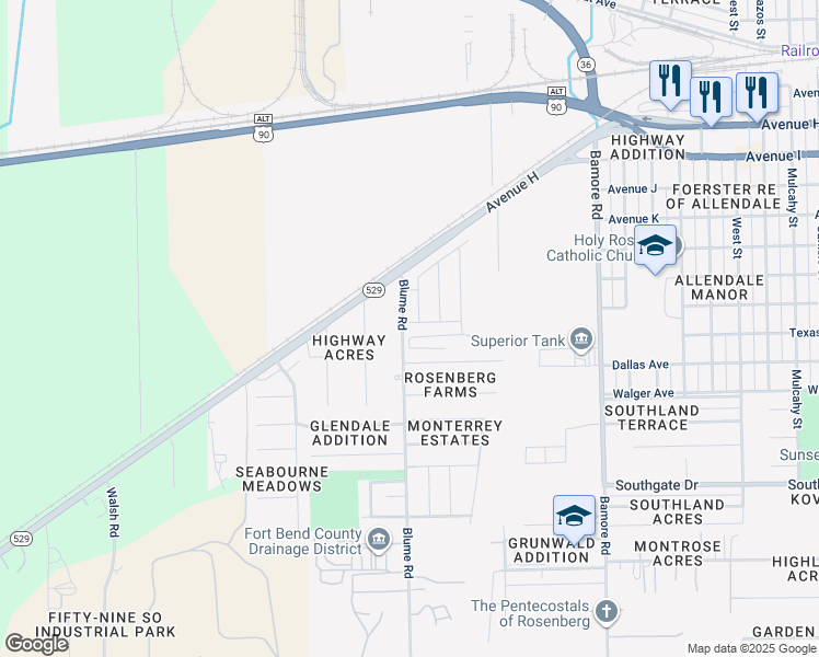 map of restaurants, bars, coffee shops, grocery stores, and more near 226 Blume Road in Rosenberg