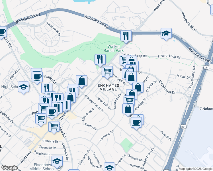 map of restaurants, bars, coffee shops, grocery stores, and more near 701 Strings Drive in San Antonio