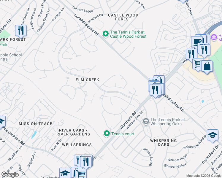 map of restaurants, bars, coffee shops, grocery stores, and more near 11834 Elmscourt in San Antonio