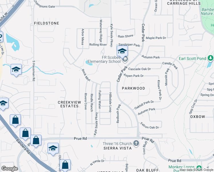 map of restaurants, bars, coffee shops, grocery stores, and more near 8002 Fountain Chase in San Antonio