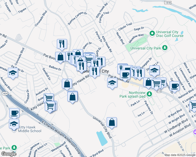 map of restaurants, bars, coffee shops, grocery stores, and more near 1501 Pat Booker Road in Universal City