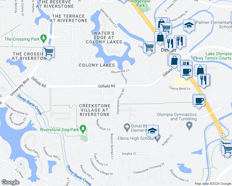 map of restaurants, bars, coffee shops, grocery stores, and more near 3806 May Ridge Lane in Sugar Land