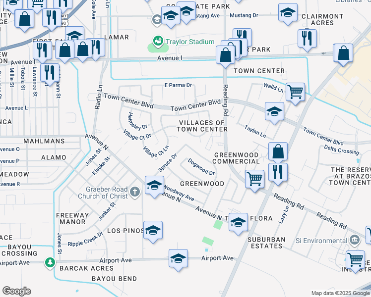 map of restaurants, bars, coffee shops, grocery stores, and more near 4609 Greenwood Drive in Rosenberg