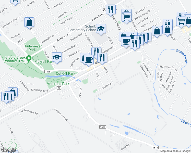 map of restaurants, bars, coffee shops, grocery stores, and more near 312 1st Street in Schertz