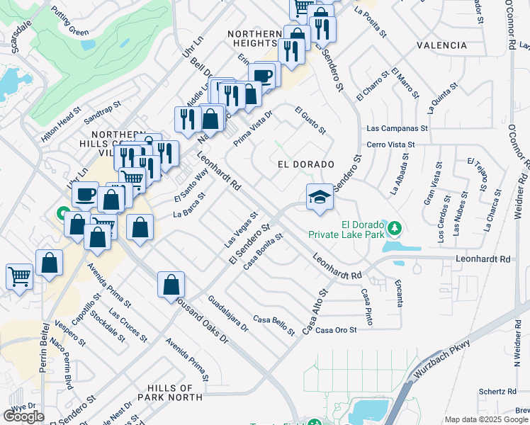 map of restaurants, bars, coffee shops, grocery stores, and more near 4928 Leonhardt Road in San Antonio