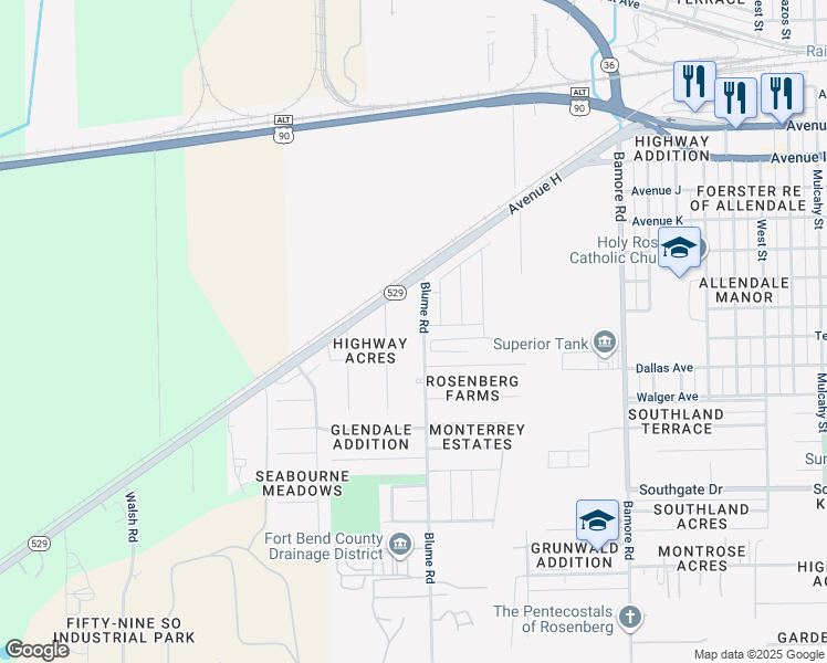 map of restaurants, bars, coffee shops, grocery stores, and more near 226 Blume Road in Rosenberg