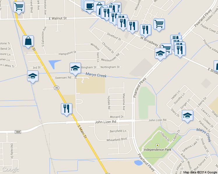 map of restaurants, bars, coffee shops, grocery stores, and more near 3213 Layton Place Drive in Pearland