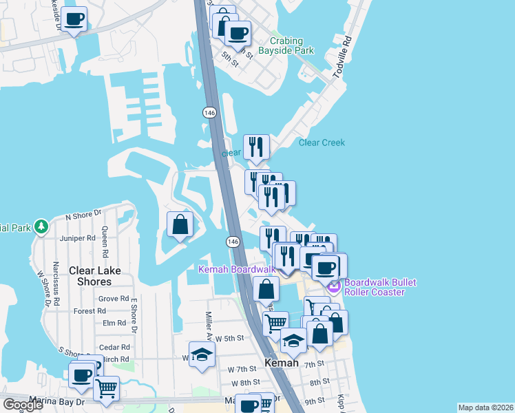 map of restaurants, bars, coffee shops, grocery stores, and more near 511 Waterfront Dr in Seabrook