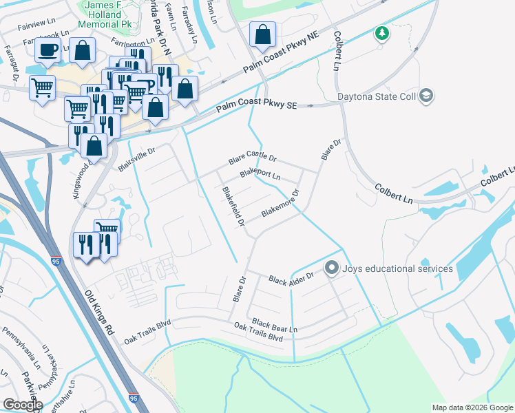 map of restaurants, bars, coffee shops, grocery stores, and more near 16 Blakeshire Place in Palm Coast