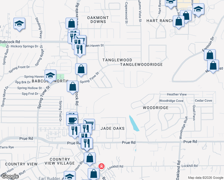 map of restaurants, bars, coffee shops, grocery stores, and more near 6310 Club Oaks Street in San Antonio