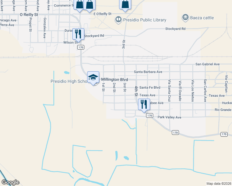 map of restaurants, bars, coffee shops, grocery stores, and more near 2nd Street in Presidio