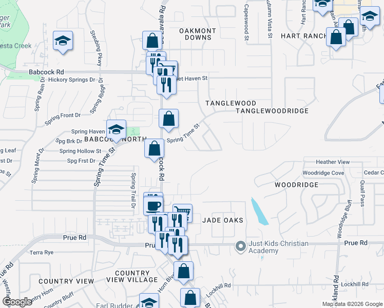 map of restaurants, bars, coffee shops, grocery stores, and more near 6438 Club Oaks Street in San Antonio
