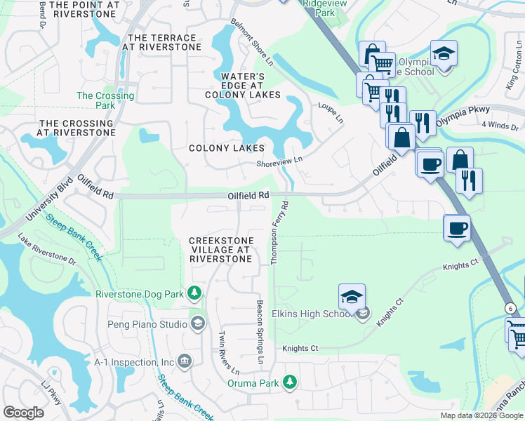 map of restaurants, bars, coffee shops, grocery stores, and more near 3806 May Ridge Lane in Sugar Land