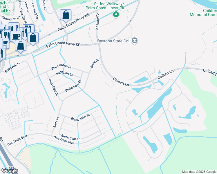 map of restaurants, bars, coffee shops, grocery stores, and more near 650 Colbert Lane in Palm Coast