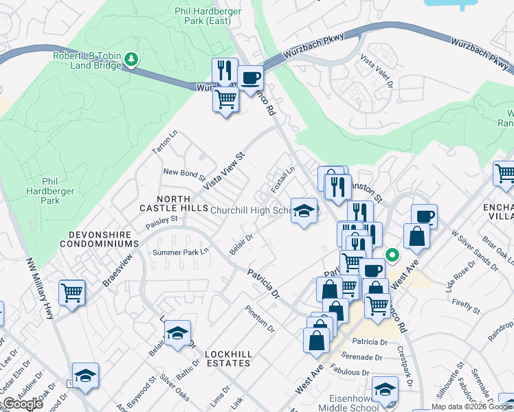 map of restaurants, bars, coffee shops, grocery stores, and more near 18 Fox Tail in San Antonio