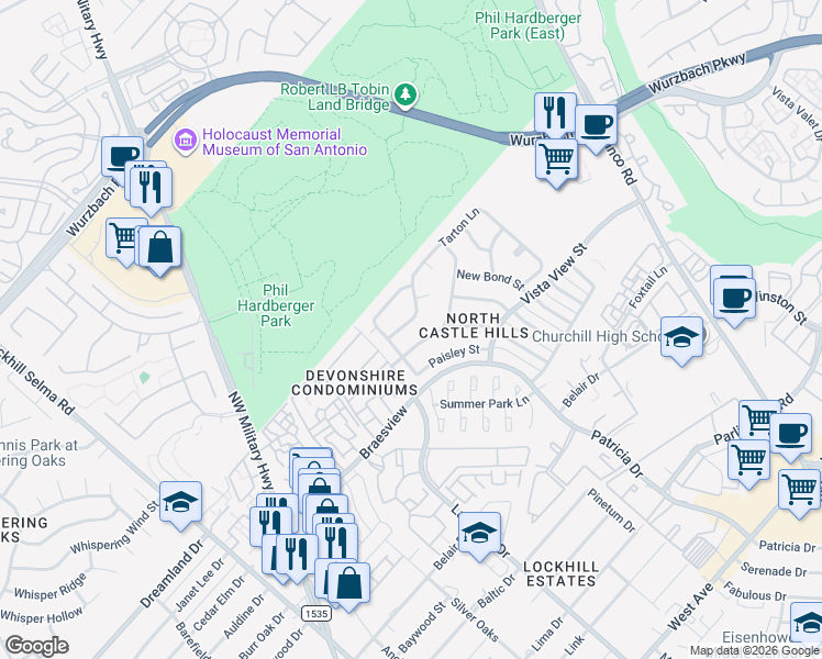 map of restaurants, bars, coffee shops, grocery stores, and more near 1818 Tarton Lane in San Antonio