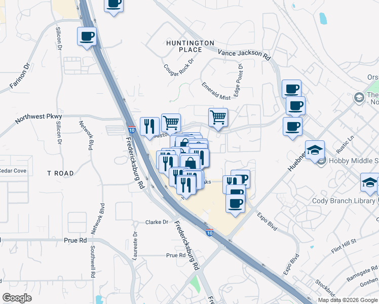 map of restaurants, bars, coffee shops, grocery stores, and more near 4900 Woodstone Drive in San Antonio