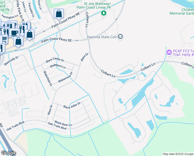 map of restaurants, bars, coffee shops, grocery stores, and more near 650 Colbert Lane in Palm Coast