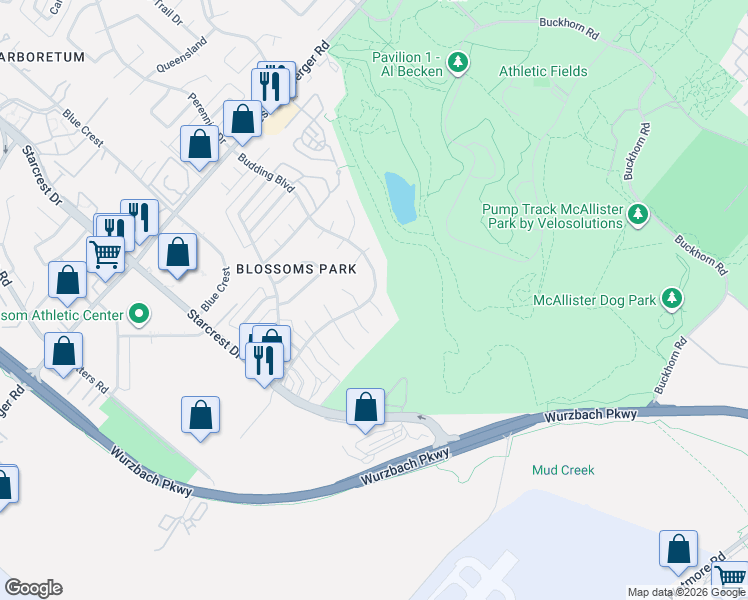 map of restaurants, bars, coffee shops, grocery stores, and more near 12214 Budding Boulevard in San Antonio