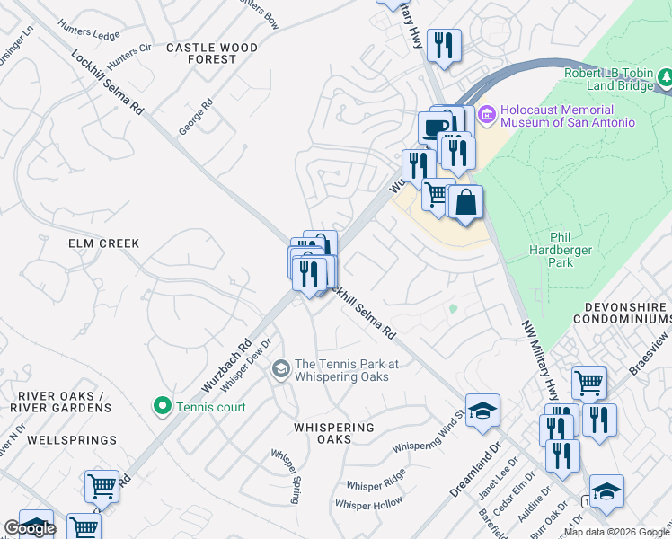 map of restaurants, bars, coffee shops, grocery stores, and more near 58 Turnberry Way in San Antonio