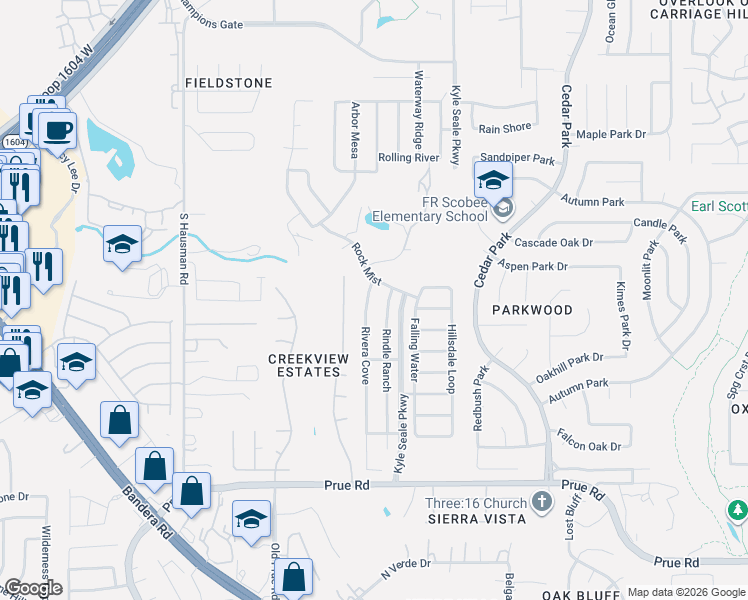 map of restaurants, bars, coffee shops, grocery stores, and more near 11134 Rivera Cove in San Antonio