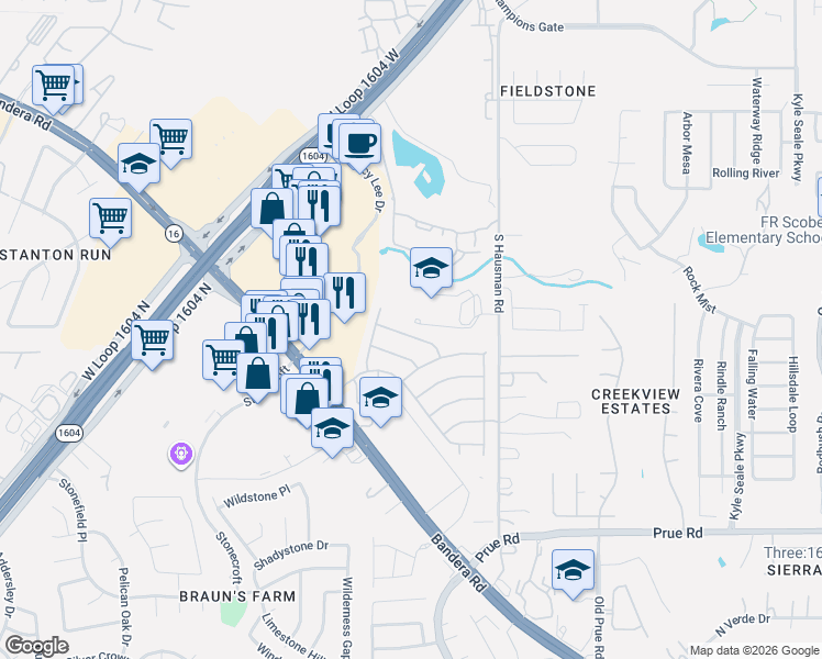 map of restaurants, bars, coffee shops, grocery stores, and more near 9223 Brae Moss in San Antonio