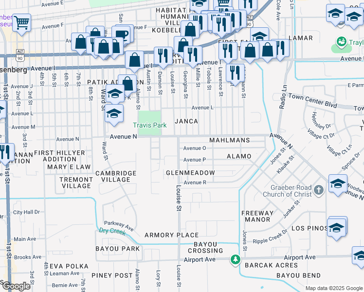 map of restaurants, bars, coffee shops, grocery stores, and more near 3207 Avenue O in Rosenberg