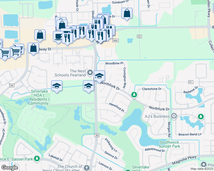 map of restaurants, bars, coffee shops, grocery stores, and more near 2503 Griggs Court in Pearland
